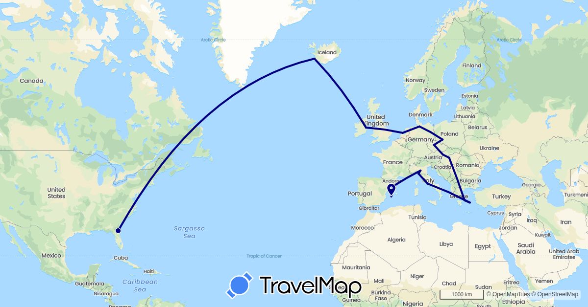 TravelMap itinerary: driving in Czech Republic, Germany, Spain, Greece, Hungary, Ireland, Iceland, Italy, Netherlands, Poland, Slovakia, United States (Europe, North America)