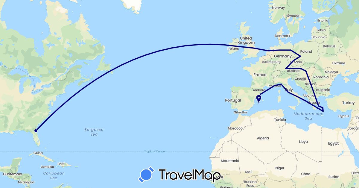 TravelMap itinerary: driving in Czech Republic, Germany, Spain, Greece, Hungary, Ireland, Italy, Monaco, Netherlands, Poland, Slovakia, United States (Europe, North America)