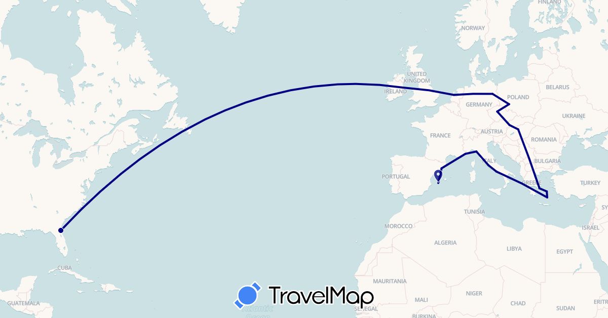 TravelMap itinerary: driving in Czech Republic, Germany, Spain, Greece, Hungary, Ireland, Italy, Monaco, Netherlands, Poland, Slovakia, United States (Europe, North America)