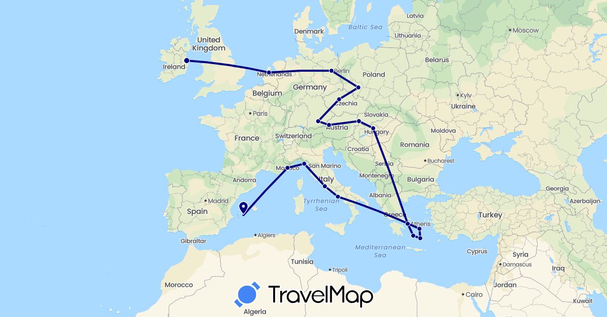 TravelMap itinerary: driving in Austria, Czech Republic, Germany, Spain, Greece, Hungary, Ireland, Italy, Monaco, Netherlands, Poland, Slovakia (Europe)